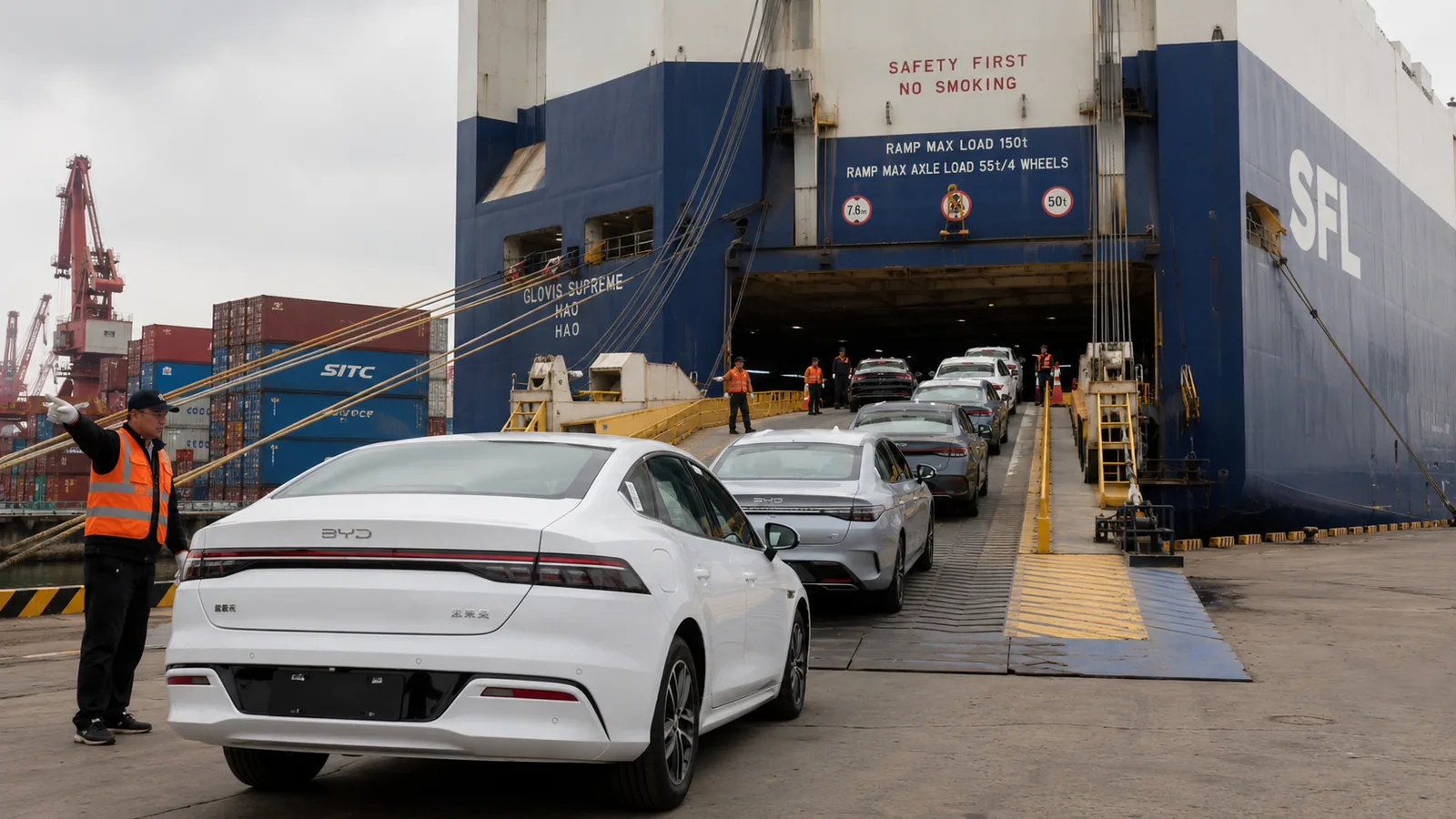 RoRo car carrier loading new Chinese vehicles at Shanghai port